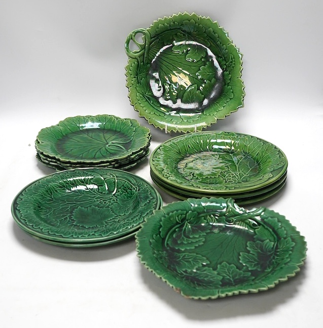 A group of Wedgwood, George Jones greenware majolica dessert plates, largest 25cm. Condition - varies, some chips and cracks